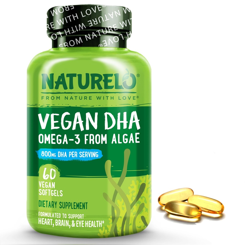 NATURELO Vegan DHA - Omega 3 Olje iz alge - dopolnilo za možgane, srce, skupno, zdravje oči - zagotavlja bistvene maščobne kisline za ženske, moške in otroke - dopolnila Prenatalne vitamine - 60 Softgels