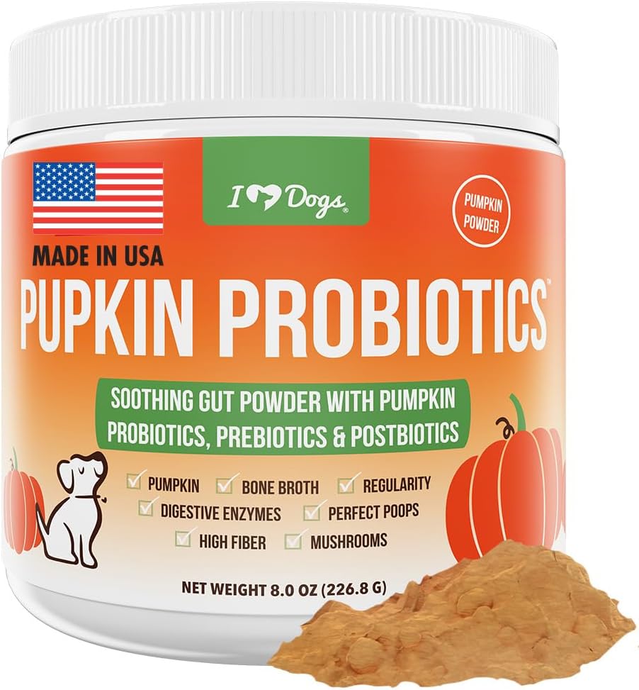 iHeartDogs Pupkin probiotiki, Prebiotiki, & Postbiotiki za pse z bučo, Gut Pomirjujoče kosti Broth & Gobe - 30 Scoops