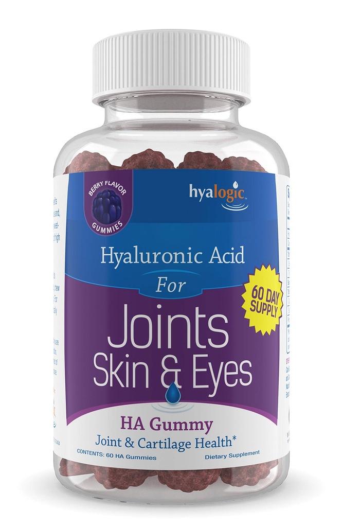 Hyalogic Chewy HA Gumies Mixed Berry Flavor Hyaluronic Acid Gumies – Gluten-free Gummy Vitamini za odrasle - HA dodatek za sklepe, kožo in oči – 60 število (120 mg)