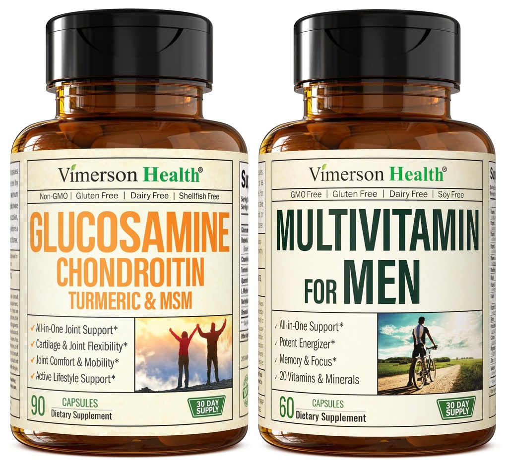 Glukozamin Chondroitin Turmeric MSM + Moški multivitaminski 2-bottle dodatek paket za njega. Skupno zdravje, vnetni odziv, Imunska podpora, Antioksidant lastnosti