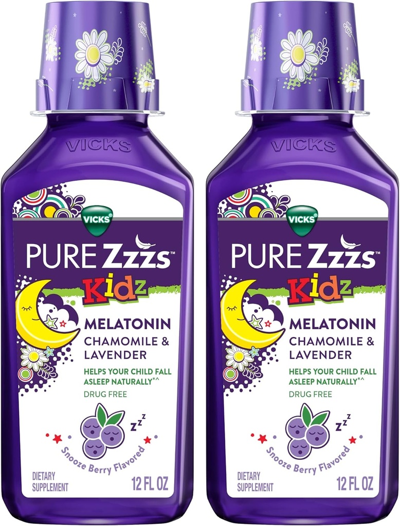 Vicks Pure Zzzs Kidz Melatonin, Kids Melatonin Liquid, Pomoč v spanju, Brez zdravil, Liquid Melatonin 1mg, s Kamilico & Sivender, Melatonin Sleep Aids za otroke, Snooze Berry Okusen, 2 Pack, 24 FL OZ