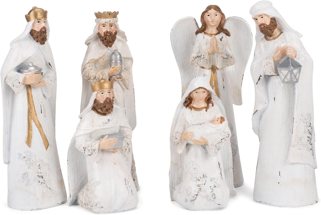 Transpac Raztresena bela in zlata tona 7,5 Inch Resin jaslice Figurine Garnitura 6