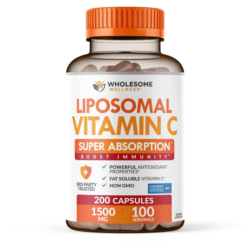 Zdrava Wellness Liposomal Vitamin C Kapsule (200 tablet 1500 mg pufer) Visoka absorpcija, Imunski sistem in kolagen Pospeševalec, Visoka doza maščob Topni Immuniteta Podpora Askorbinska kislina, Naravni Vegan