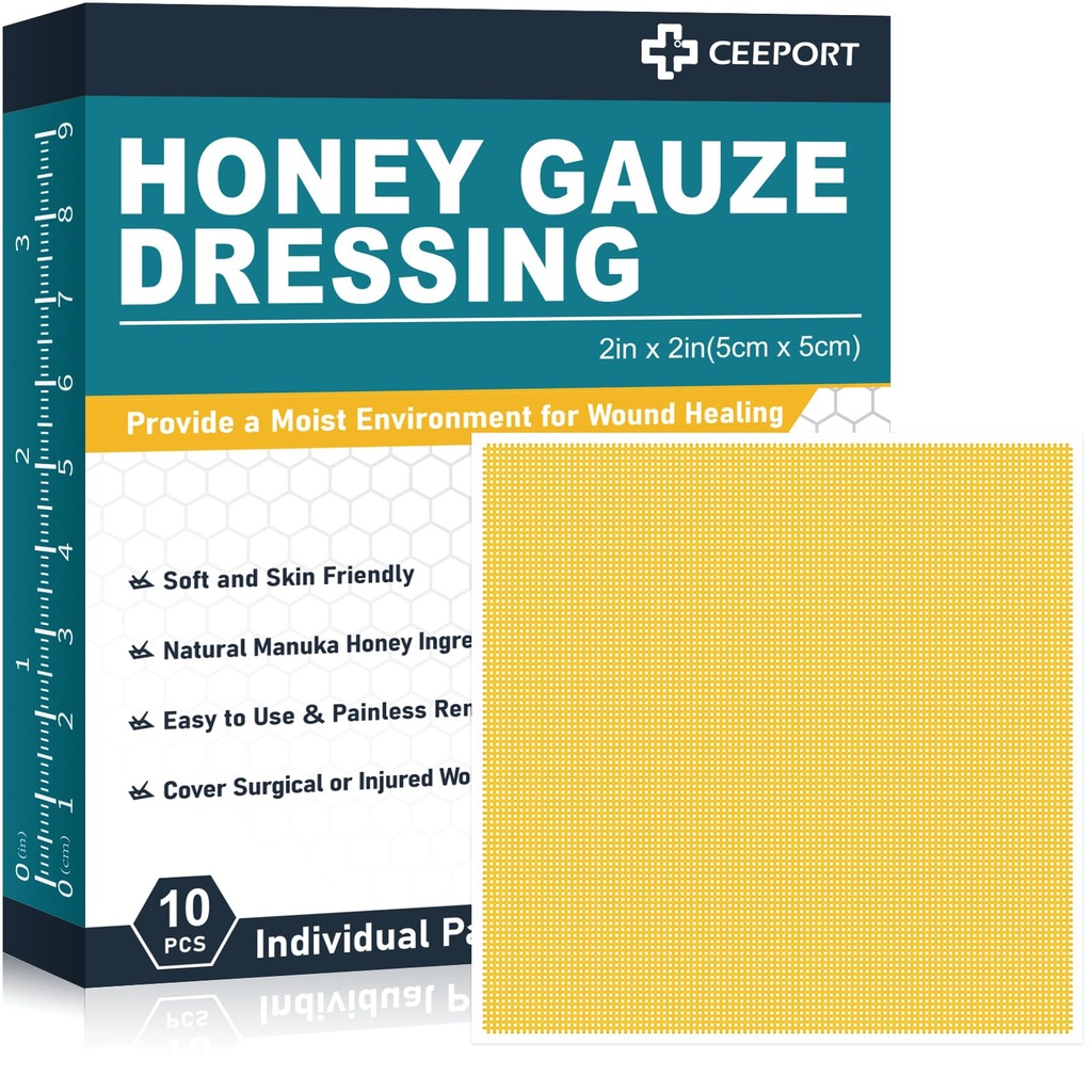 Manuka Honey Gauze Rana Oblačenje 2" x 2",10 Pack Manuka Medeni Rani Pads, Medicinske stopnje Honey Bandages za nego ran, Medeni obliž za hitrejše zdravljenje iz opeklin, Abrazioni, Rezi in Skalde