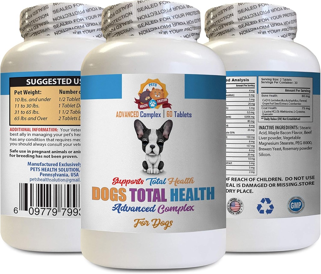 Vitamini za pse Oči - Psi Popolno zdravje Formula - Napredna podpora - Trezorski zobni gumiji Nega oči - Vitamin e za pse Koža - 60 tablet (1 steklenica)