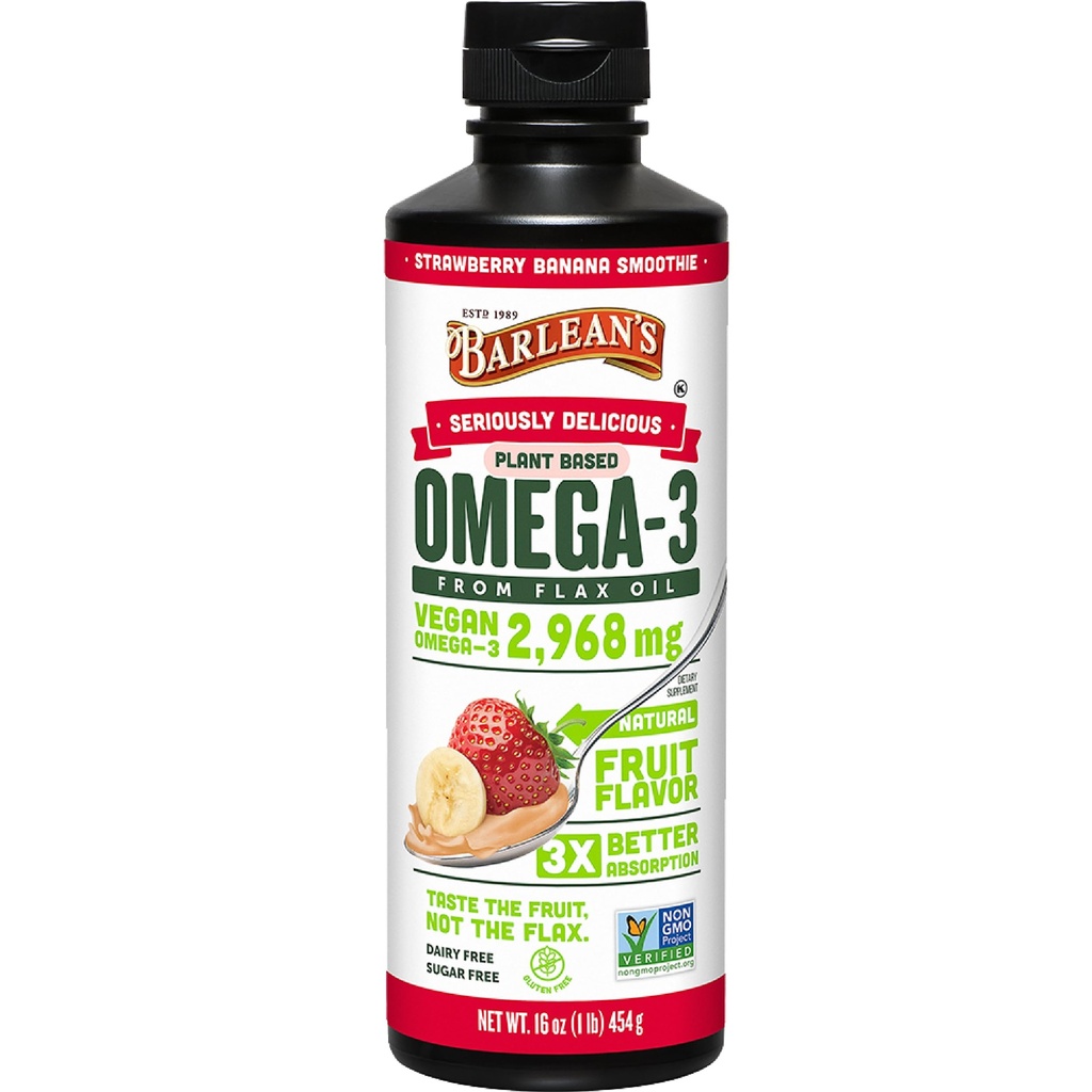 Barlean's Vegan Omega 3 6 9 Laneno olje Liquid dodatek, Jagodna banana smoothie, Flax semena olje z 2.968 mg ALA Maščobne kisline, ne-GMO in gluten brez, 16 oz