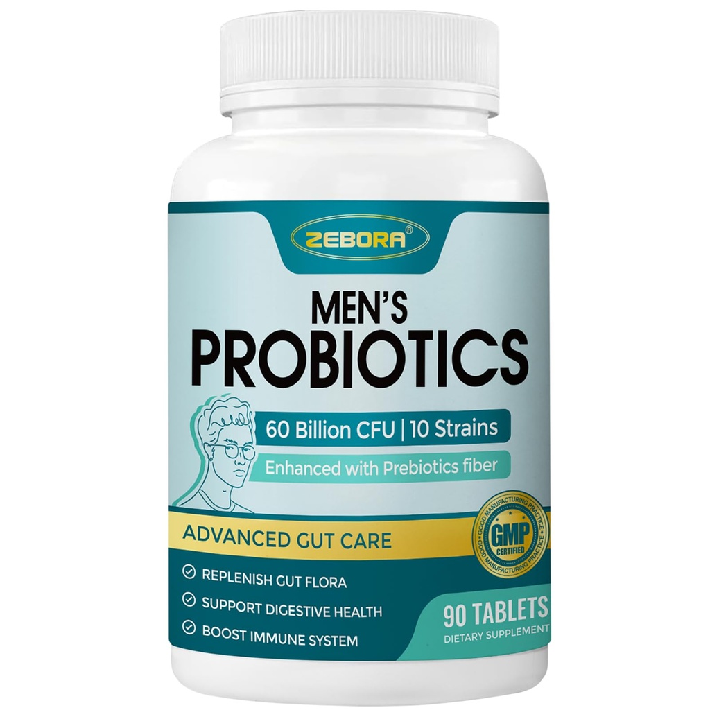 ZEBORA probiotiki za moške in prebiotiki za digestivno zdravje, 90 tablet, 60 milijard CFU za imuno in črevesno zdravje, 10 sevov, hipoalergeni probiotiki, povoj Stable, Gluten & Soy Free