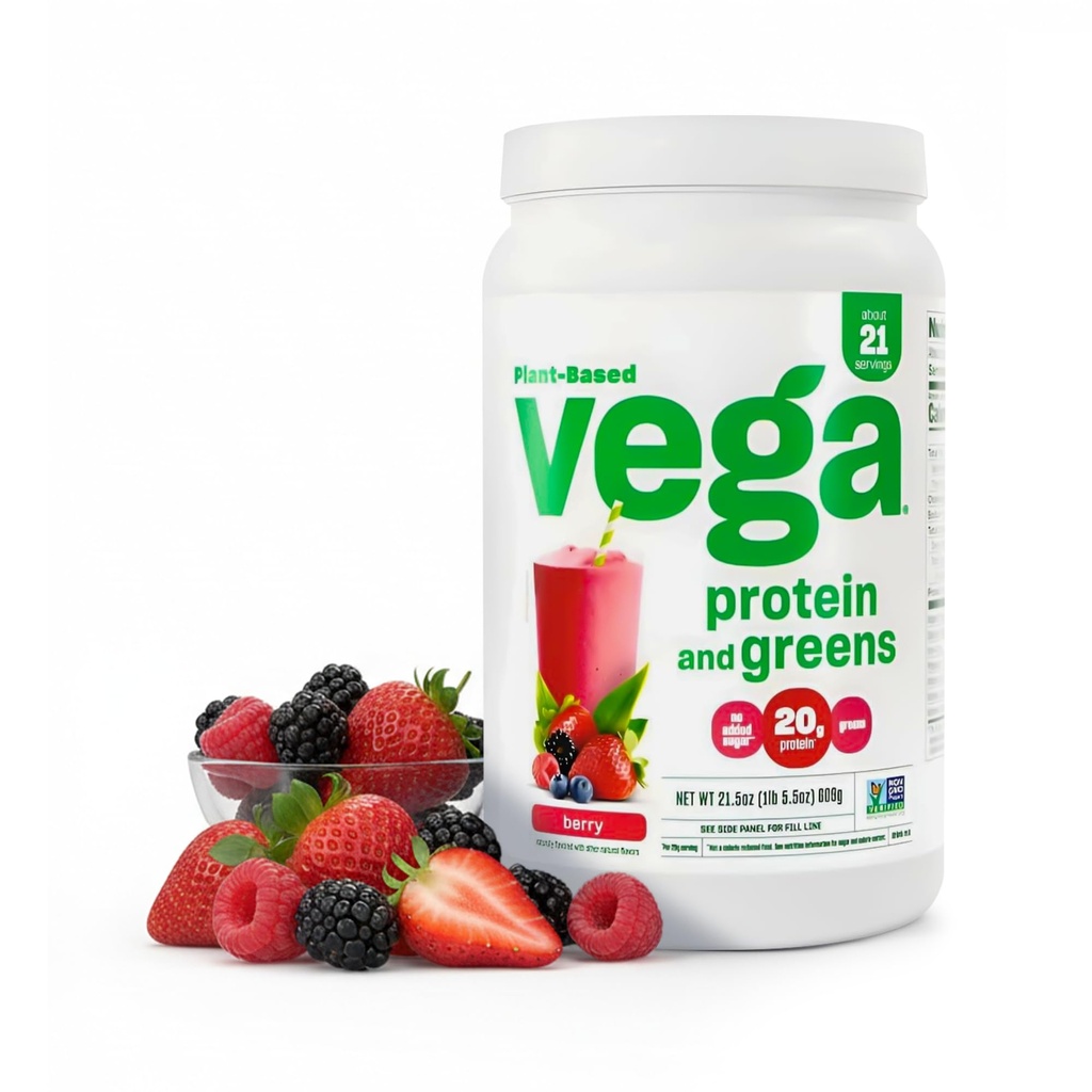 Vega proteini in zeleni proteini v prahu, Berry - 20g na osnovi rastlinskih beljakovin Plus vegetarijanci, Vegan, ne gensko spremenjeni organizmi, Pea proteini za ženske in moške, 1,3 lbs (Packageing May Vary)