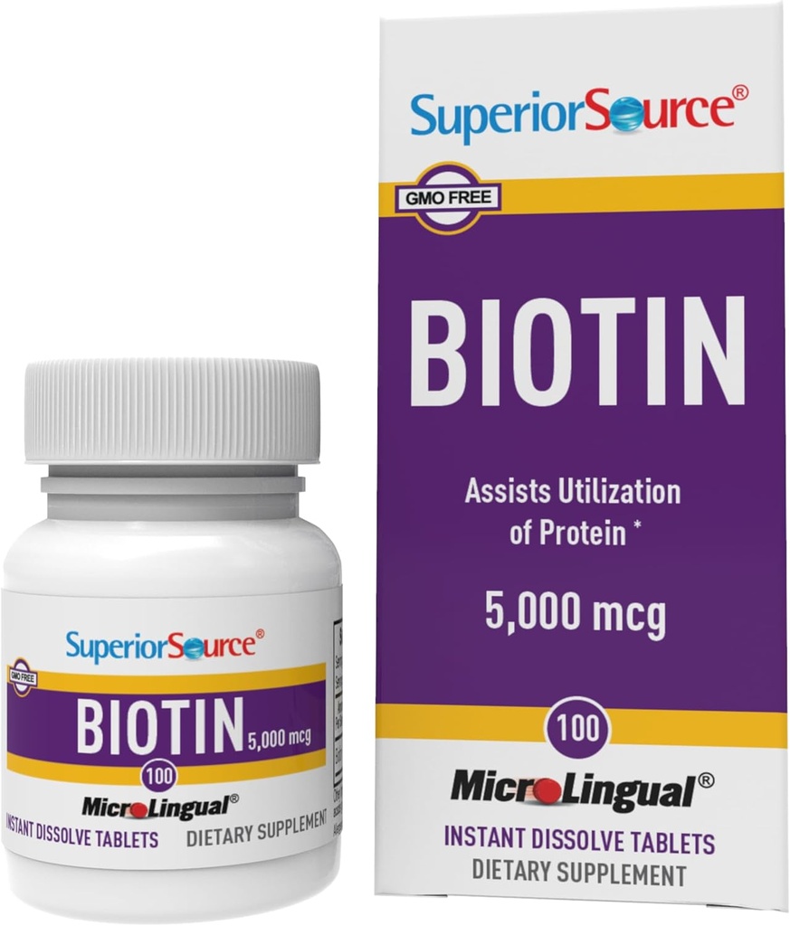 Superior Source Biotin 5000 mcg. Pod jezikom Quick Dissolve MicroLingual tablete, 100 Štetje, Podpira zdrave lase, kožo in rast nohtov, Pomaga podpreti energetsko presnovo, ne-GMO