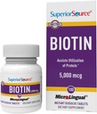 Superior Source Biotin 5000 mcg. Pod jezikom Quick Dissolve MicroLingual tablete, 100 Štetje, Podpira zdrave lase, kožo in rast nohtov, Pomaga podpreti energetsko presnovo, ne-GMO