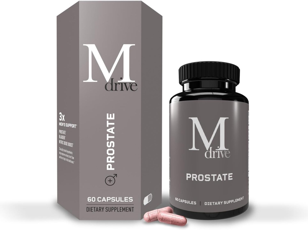 Mdrive Prostata Prostata Podpora Dopolnilo za zdravje moških, Spodbuja zdravje sečil Tract, Podpira normalno pretok, Frekvenca & Bladder Praznjenje, Flowens Cranberry Extract, S7 N.O. Booster, 60 Kapsule