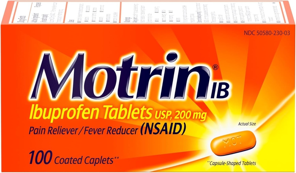 Motrin IB, Ibuprofen 200 mg tablete, Reliever bolečine in znižanje zvišane telesne temperature za bolečine v mišicah, glavobol, backache, menstrualne kratice in manjši artritis bolečine, NSAID, 100 Ct