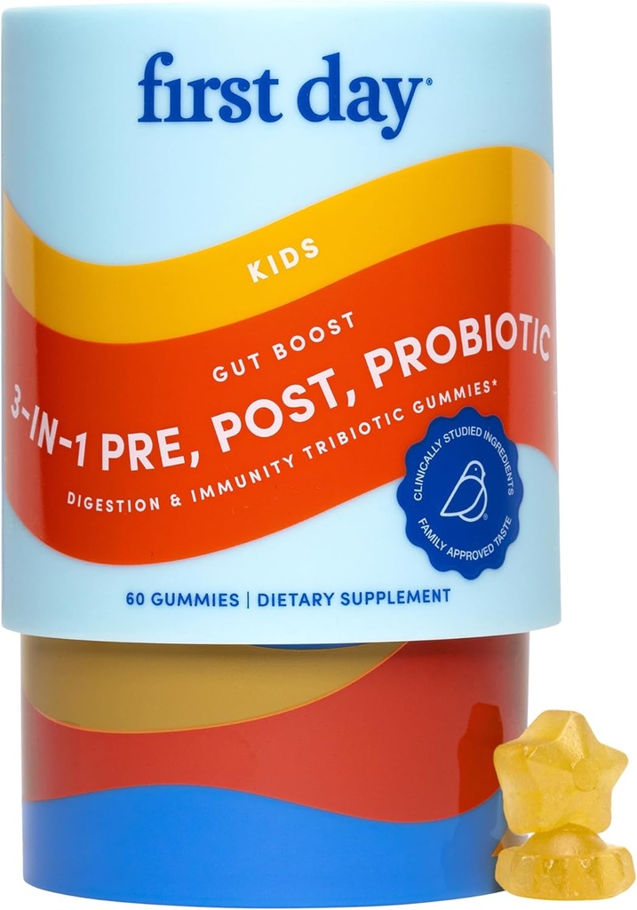 PRVI DAN Otroci 3-v-1 probiotični gumiji – Prebiotik + probiotik + postbiotični dodatek – Podpira Prebavne in ustno zdravje, Imunske funkcije in energijske ravni – 30-dnevno oskrbo