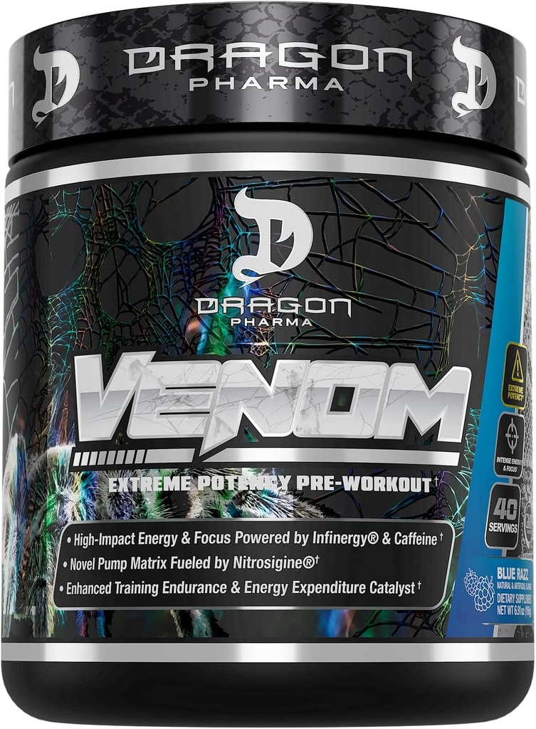 DRAGON PHARMA Venom Ekstremna moč pred treningom, Laser Sharp Focus + Energija, intenzivna zmogljivost, Dokazane sestavine za izboljšano vazodilatacijo in vzdržljivost (40 Serving, Blue Raspberry)