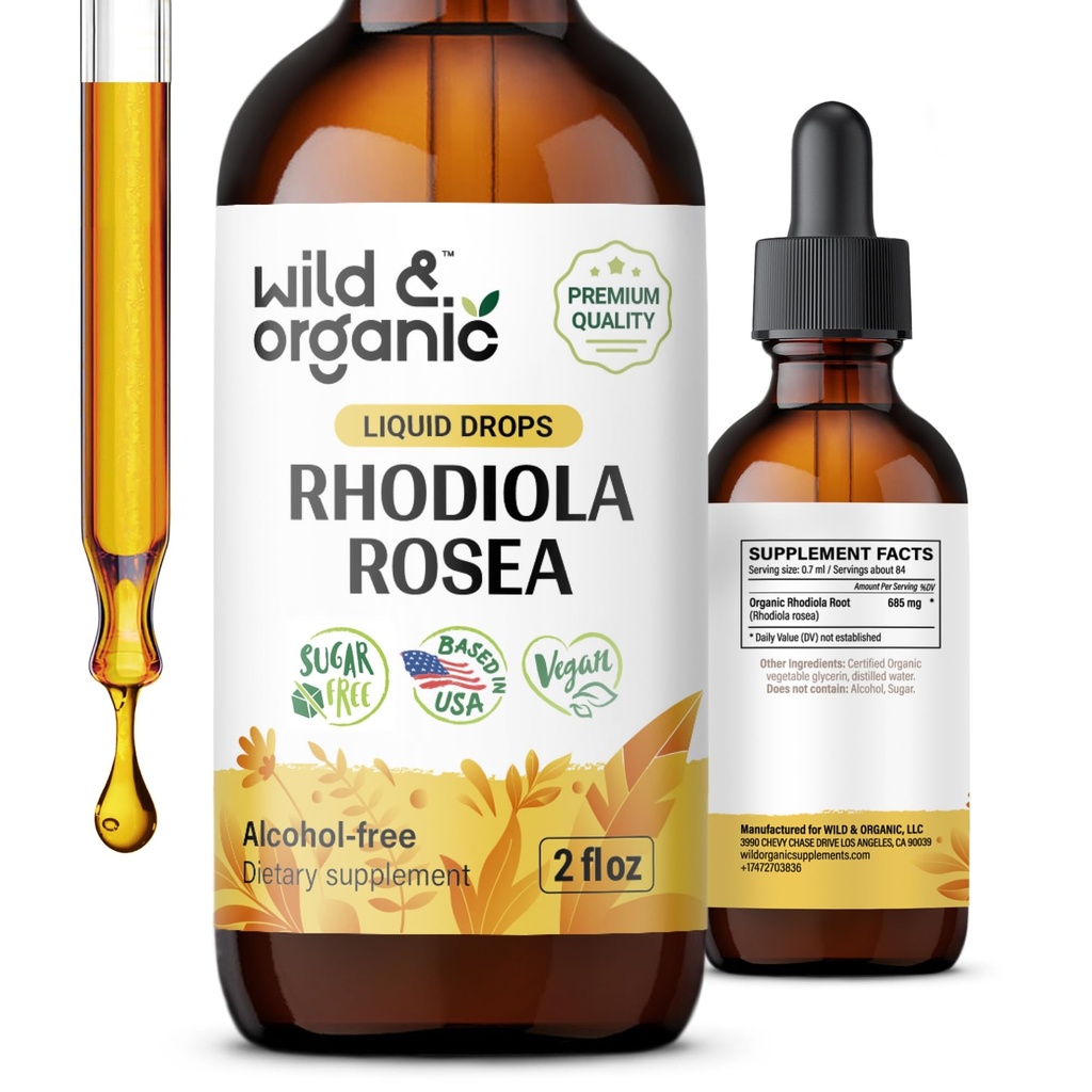 Wild & Organic Rhodiola Rosea Tinkture - Podpora razpoloženju - Sproščanje Rhodiola dodatek - Root Extract tekoče kapljice - Vegan, sladkor & alkohol-free - 2 fl oz