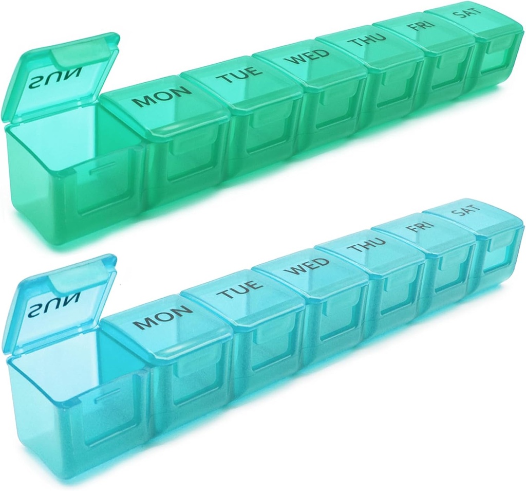 2 Pack Weekly tablete Organizator, velik 7 dan tablete, Daily Vitamin Case Medicine Box, AM/PM tablete posode za medicinske dodatke ribje olje (modra in zelena)