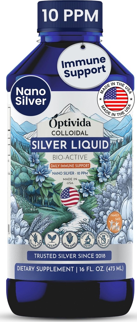 Optivida Health Nano Colloidal Silver Liquid (1 LB) – Imunska podpora dodatki s srebrovo hidrosol, Tekoča za imuno podporo, Koloidno srebro za imunski sistem, 10 PPM.