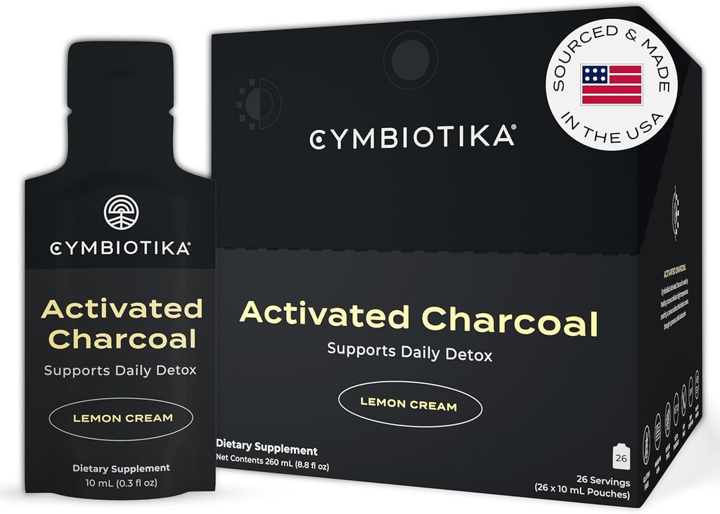 CYMBIOTIKA Aktiviran Charcoal Tekoči paketi iz kokosovih orehov za napihovanje, Gut Health & Prebavna podpora, pomaga detox, vitamin E, limonina krema aroma, Vegan, 26 Pack