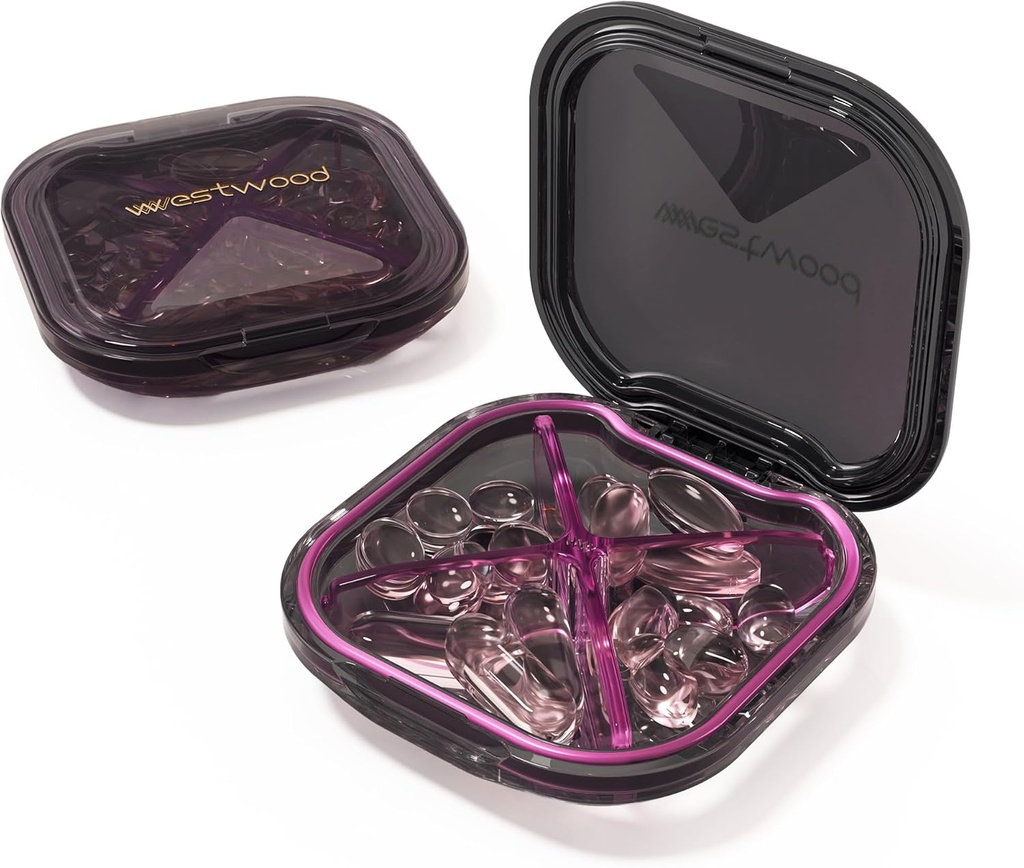 1 Pack mali vijolične tablete Organizator, 4 Kompartmenti, Compact Stylish Cute Travel Camping Pill Box Daily Medicine tablete Case, Prenosni in vlažne za shranjevanje vitaminov, zdravil in dodatkov