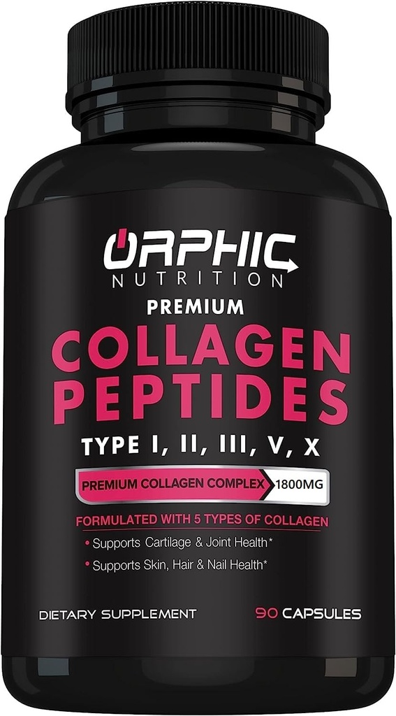ORPHIČNE HRANILNE Kolagen Peptide Kapsule za ženske,1800mg Več kolagenske tablete Tipi I, II, III, V, X - Podpira Prebavno zdravje ohranjanje močnih sklepov, Tendoni, Ligamenti in mišice* 90 Caps