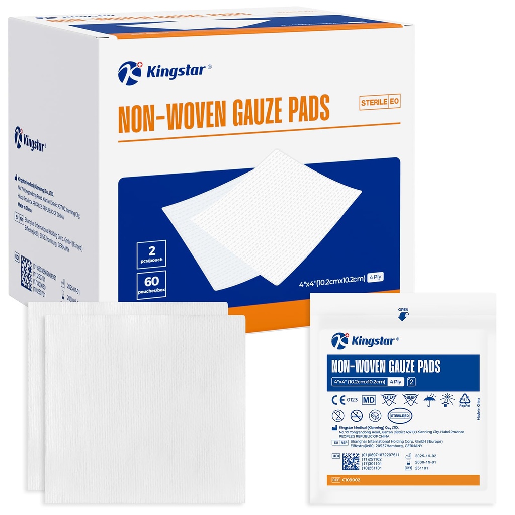 Kingstar Sterilne netkane gaze Pads, 4"x 4" Rana oblačenje, 60 paketov - 120 kosov Superior mehko goba Pads, Višja absorbent gaze Compress za travmo ali post-operativne rane