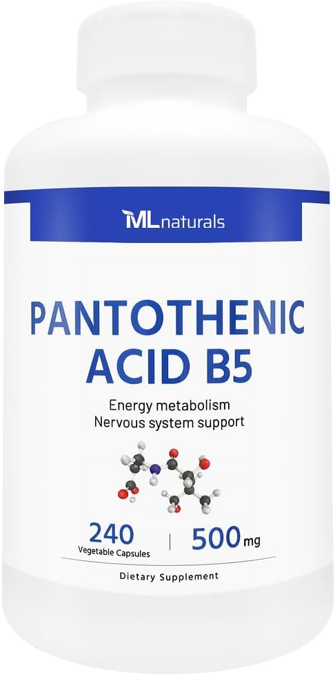 ML Naturals Pantotenska kislina B5 240 Zelenjavne kapsule. Energijska presnova, podpora živčnemu sistemu, Certified in cGMP- compatiblet