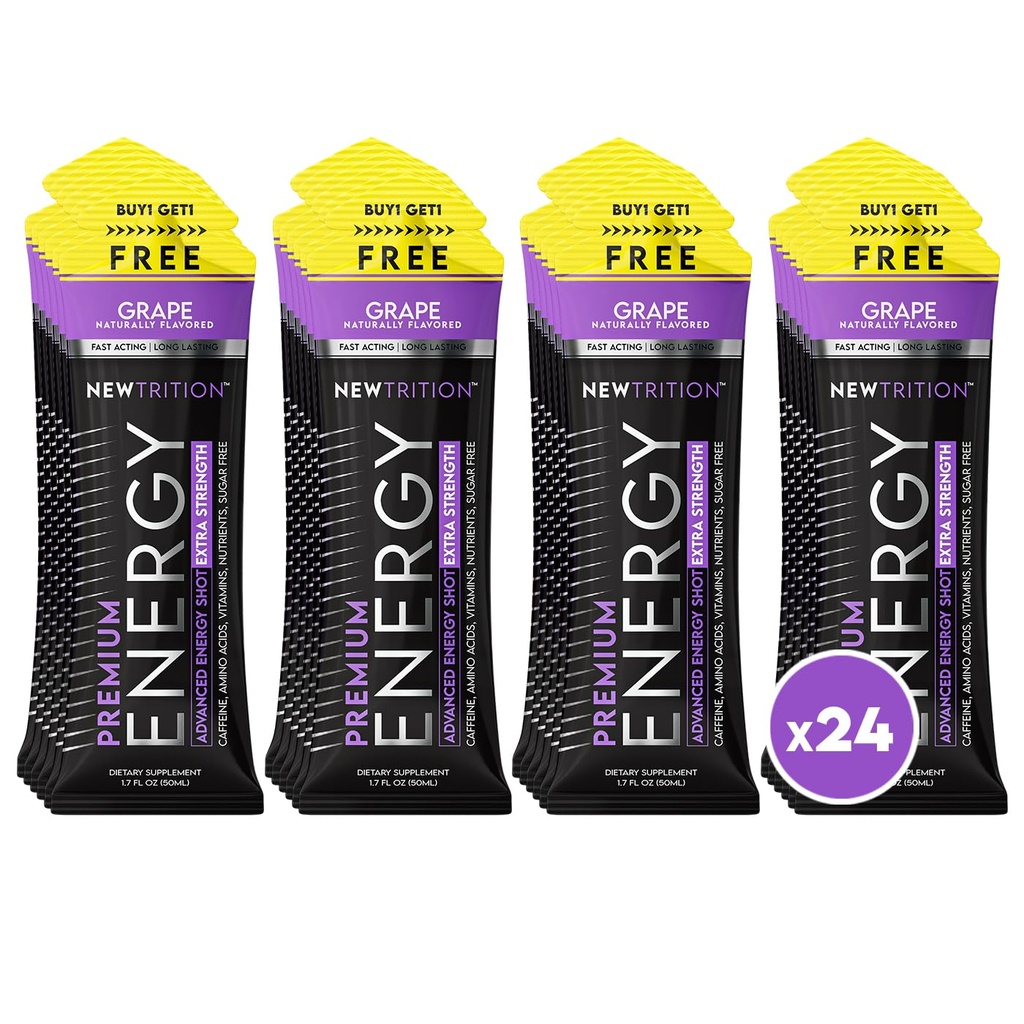NewTrition® Extra Strength Energy Shots, 250mg Kofein Energy Shots z vitaminom B in aminokisline, Sugar-free Vitamin Energy Shot, 1.7 fl oz (Pack of 24, Grozdje)