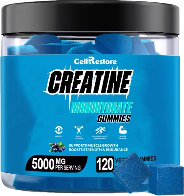 Kreatin monohidrat Gumiji za moške in ženske-5g kreatin monohidrata na strežbo- Pomoč povečati moč in izgradnjo mišic,Sugar brezplačno,Vegan,Blueberry Flavor, 120 Count