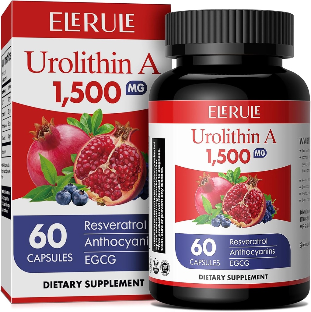 Urolitin A dodatek 1000 mg Plus Trans-resveratrol, Antocianini, zeleni čaj, spodbujanje zdravega staranja,Podpora celično in energijo za moške in ženske, 60 kapsul