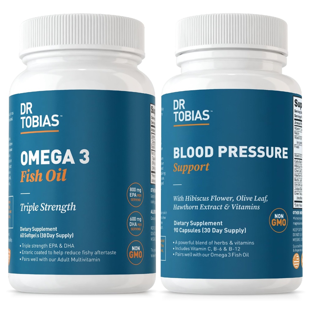 Dr. Tobias Omega 3 Ribje olje in krvni tlak podpora dopolnila za srce, možgane, imunski, cirkulacijsko zdravje, z vitaminom C, B6, B12, Niacin, Folat in zelišča