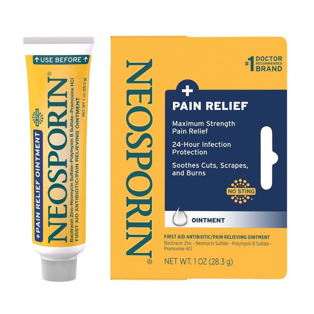 Neosporin + največja moč trojni antibiotični mazilo z lajšanjem bolečine, dvojno ukrepanje prva pomoč zdravljenje ran, brez-Sting Formula s Pramoksine HCl, Bacitracin cink, 1 oz Single Tube