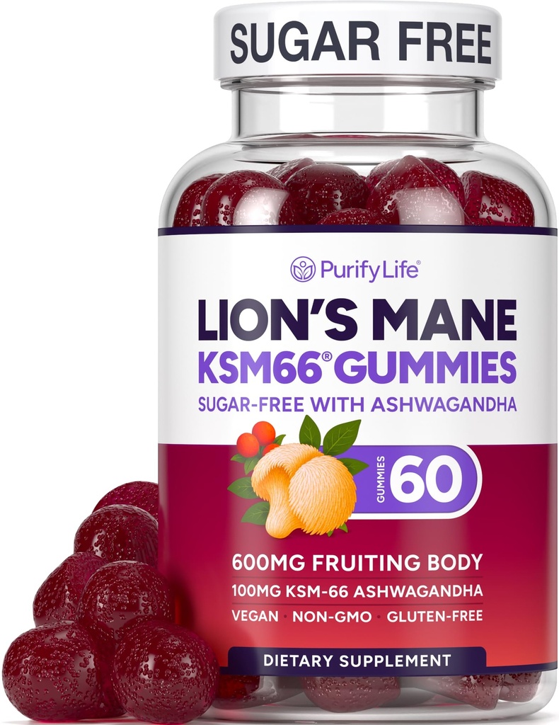 Supplement Cugar Free Lions Mane Gumies with KSM-66 Ashwagandha - Nootropic Supplement for Cognition, Brain Fog, Duševna jasnost, Focus & Stress Support - Natural Berry Flavor, Vegan, Made in USA