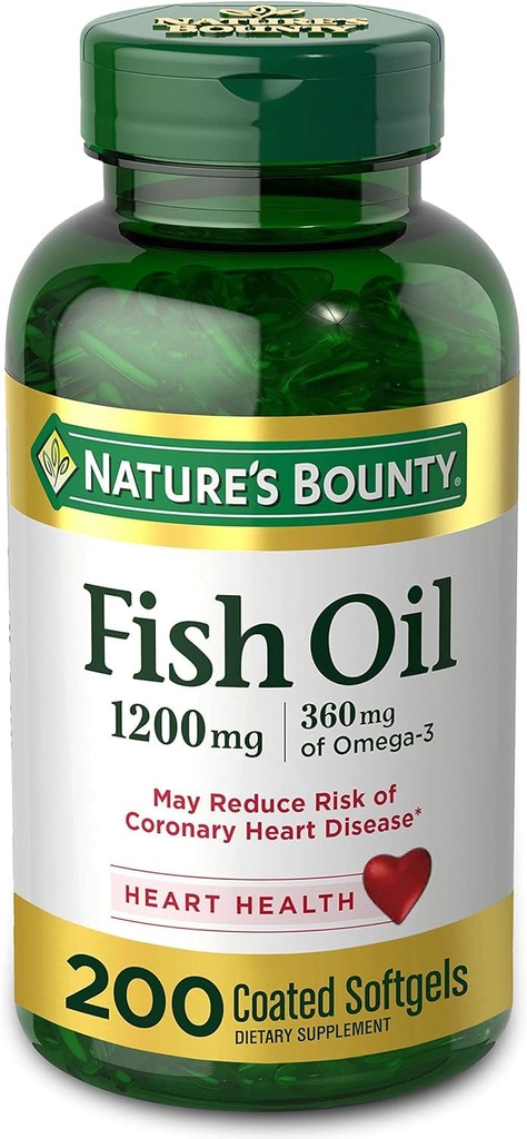 FIsh Oil by Nature's Bounty, Prehranska dopolnila, Omega 3. Podpira zdravje srca, 1200 Mg, 200 Hitro sproščanje softgels