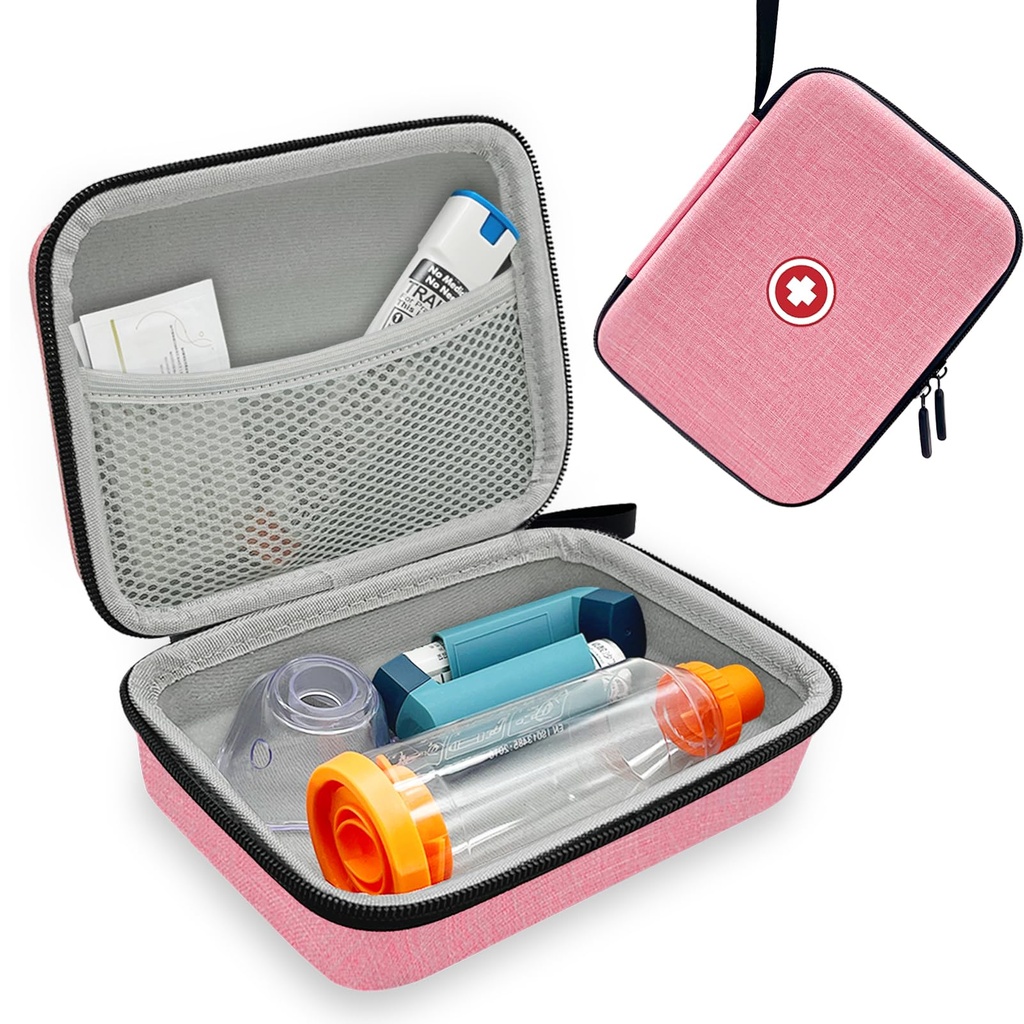 Hard Inhaler Spacer Primer za otroke in odrasle, Astma Inhaler Primer z Mesh Pocket za medicino in drugi dodatki, roza (samo Bag)