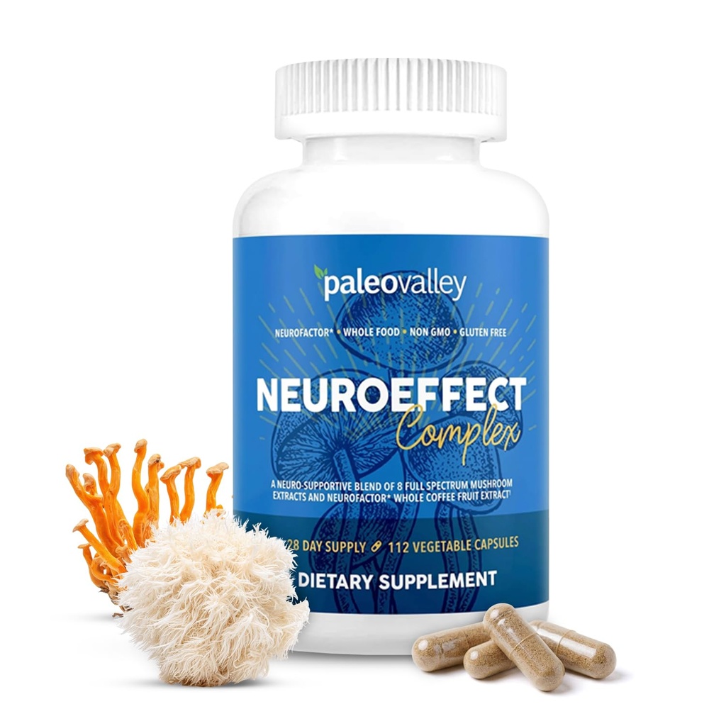 Paleovalley NeuroEffect - Nevro goba Coffee Nutritional Supplement for Focus, Memory, and Energy Support - 28-Day Supply - 8 Polni spekter gob in celotnih kavnih sadežev