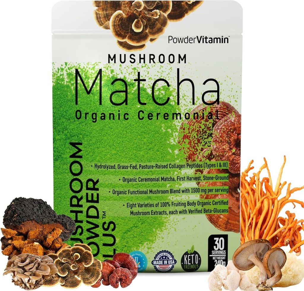 PowderVitamin Organic Ceremonial Goba Matcha Certified Pesticid-free Grass-Fed Kolagen Tipi I & III 8 Gobe sadnega telesa Tested for Beta-Glucans Focus Prebava in imuniteta 30 Servis