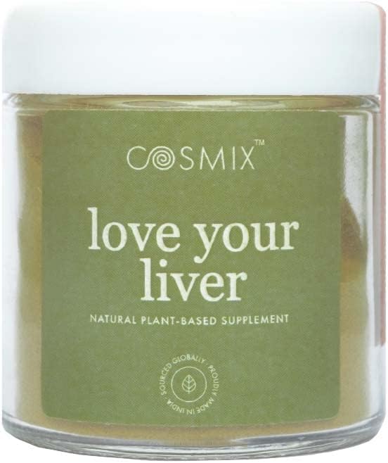 cosmix ljubezen vaša jetra, razstrupljanje jeter in ledvic, očiščevanje krvi, zmanjšanje vnetja, Bhumi Amalaki, Mlečni osat, Kurkurja, 60G - naredi do 40 Serving, rastlinsko-bazna superživilska mešanica