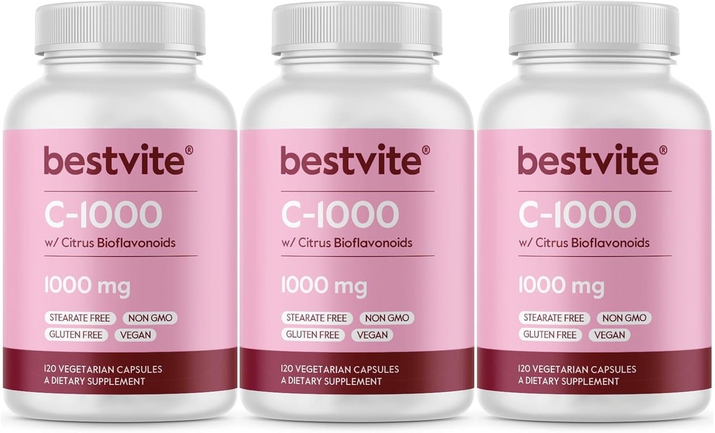 BESTVITE Vitamin C 1000mg (360 vegetarijanskih kapsul) (120 x 3) z bioflavinoidi Citrus - brez stearat - veganski - brez GSO - brez glutena