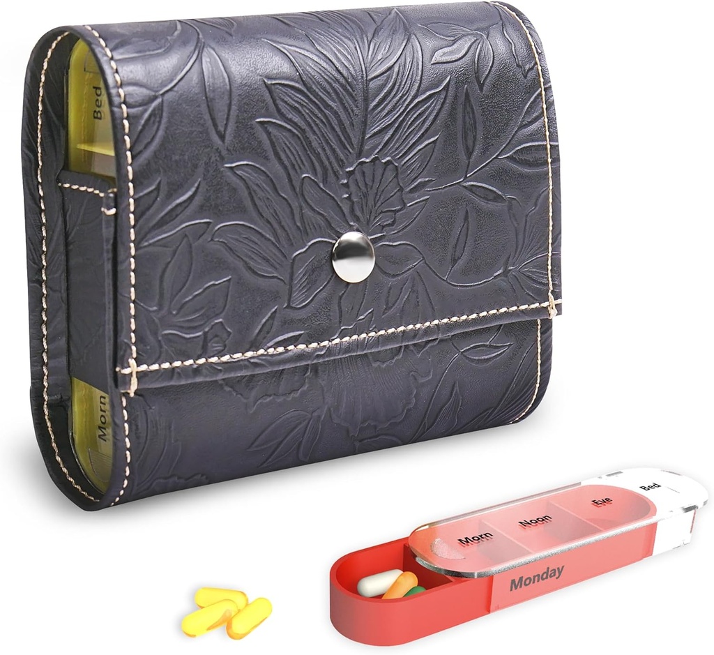 Organizator tablet, LIZIMANDU Tedenska potovalna tabletka Case Box Medication Opomnik Daily AM PM, Day Night 7 Kompartments, za 4 krat na dan, 7 dni na teden-vključuje usnje PU nesenje primera(1-Carved Black)