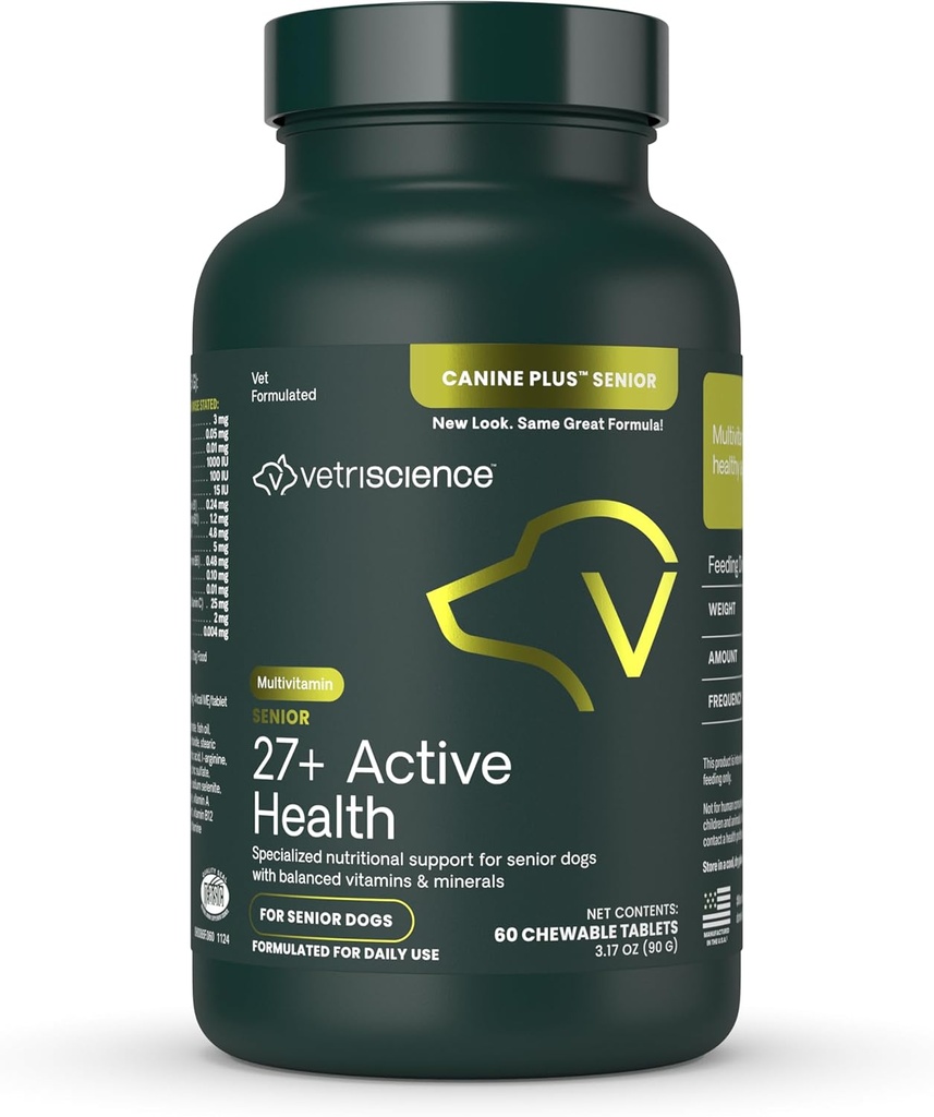 VetriScience Senior 27+ Aktivno zdravje Žvečljive tablete, Canine Plus Daily Multivitamin za starejše pse, Uravnoteženi vitamini, Minerali in antioksidanti, Staranje in Wellness Podpora, Veggie, 60 Število