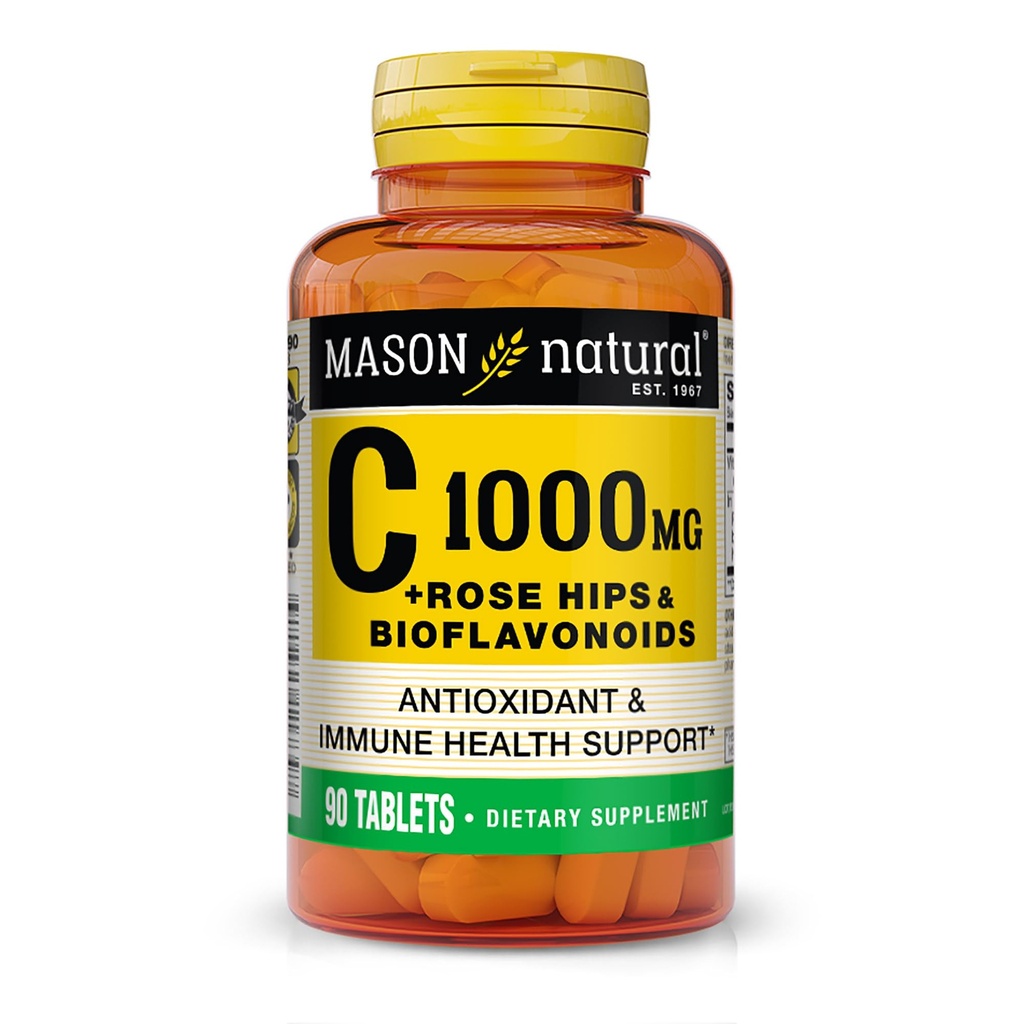 MASON NARAVNI Vitamin C 1.000 mg Plus Rose HIPS in Bioflavonoidi Complex - Podpira zdrav imunski sistem, antioksidant in esencialna hranila, 90 tablet