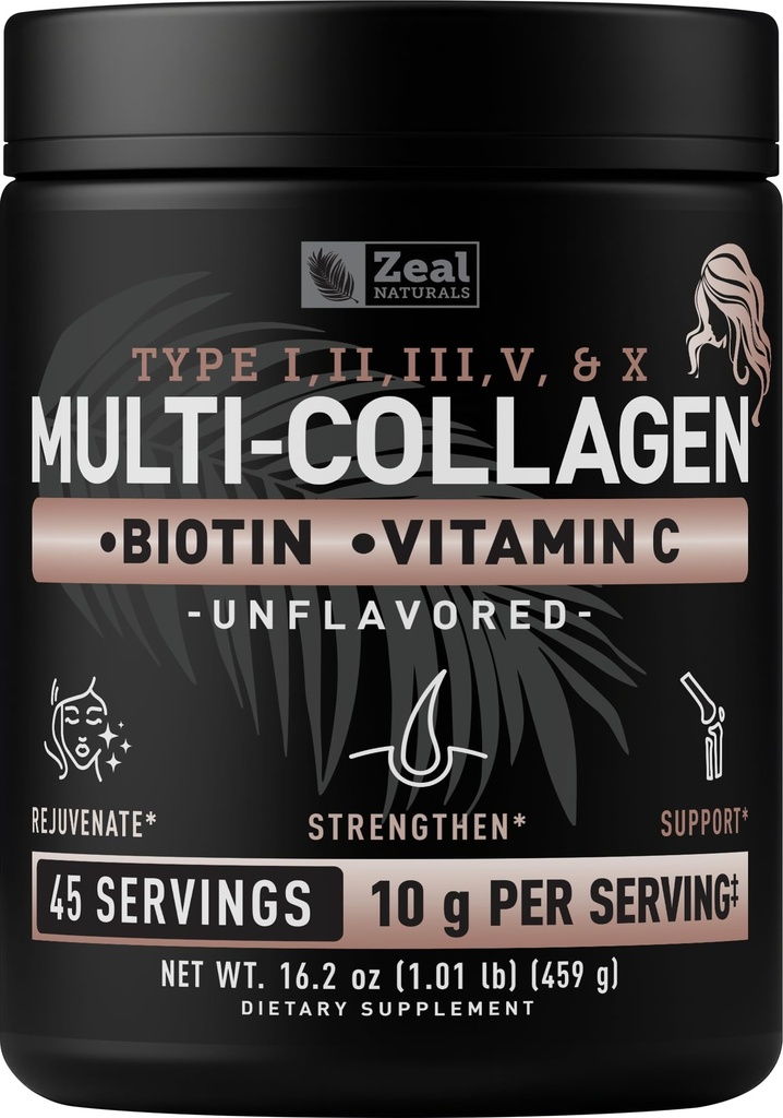 Premium Multi Collagen Peptides Protein Powder (1, 2, 3, 5 in 10) z vitaminom C, biotin, hialuronska kislina, za lase kože in nohte - marine, govedo, Chicken & Egghell (nearomaled, 45 Serving)