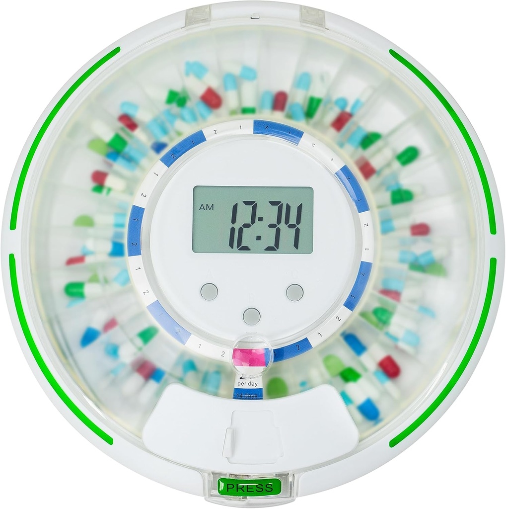 Avtomatski razdelilnik tablet z bliskajočo svetlobo, zvokom, alarmom in varnostno ključavnico, 28-dnevni elektronski medicina Organizator – Dispense Vitamini in tablete Up 6 krat/dan – enostaven bralni zaslon (Frosted)