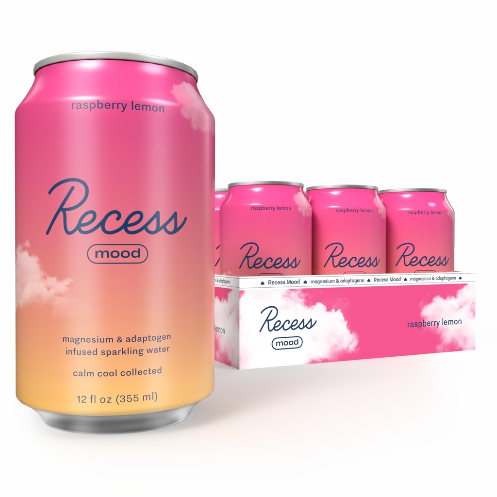 Recess Mood Magnezij & Adaptogen Drink, Umirjanje Sprostitev Pivo, 12 unča (Raspberry Lemon, 12 pakiranje)