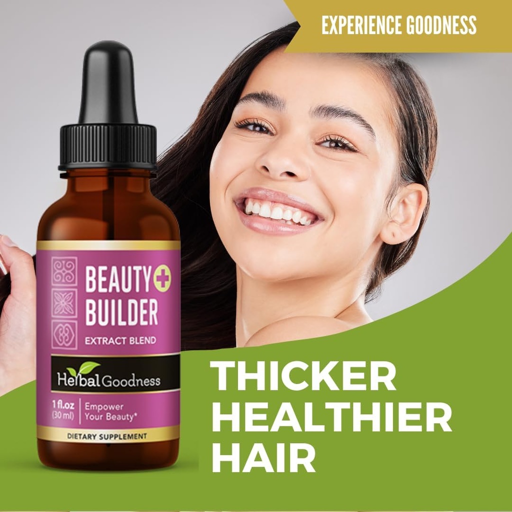 Rastlinska dobrota Beauty Builder 1oz - Kolagen za ženske z Biotin & Hyaluronic kislina - Rast las, hidracija kože, podpora nohtov, Anti-Aging Beauty Booster - Vključuje Marigold & Guava Leaf
