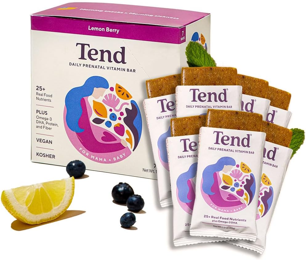 Tend Daily Best Prenatal Vitamin Bar, Izdelano z organskimi sestavinami za nosečnice in matere po porodu, Vključuje DHA, Vitamin D, B, Choline, Folat - Lemon Berry (7ct)