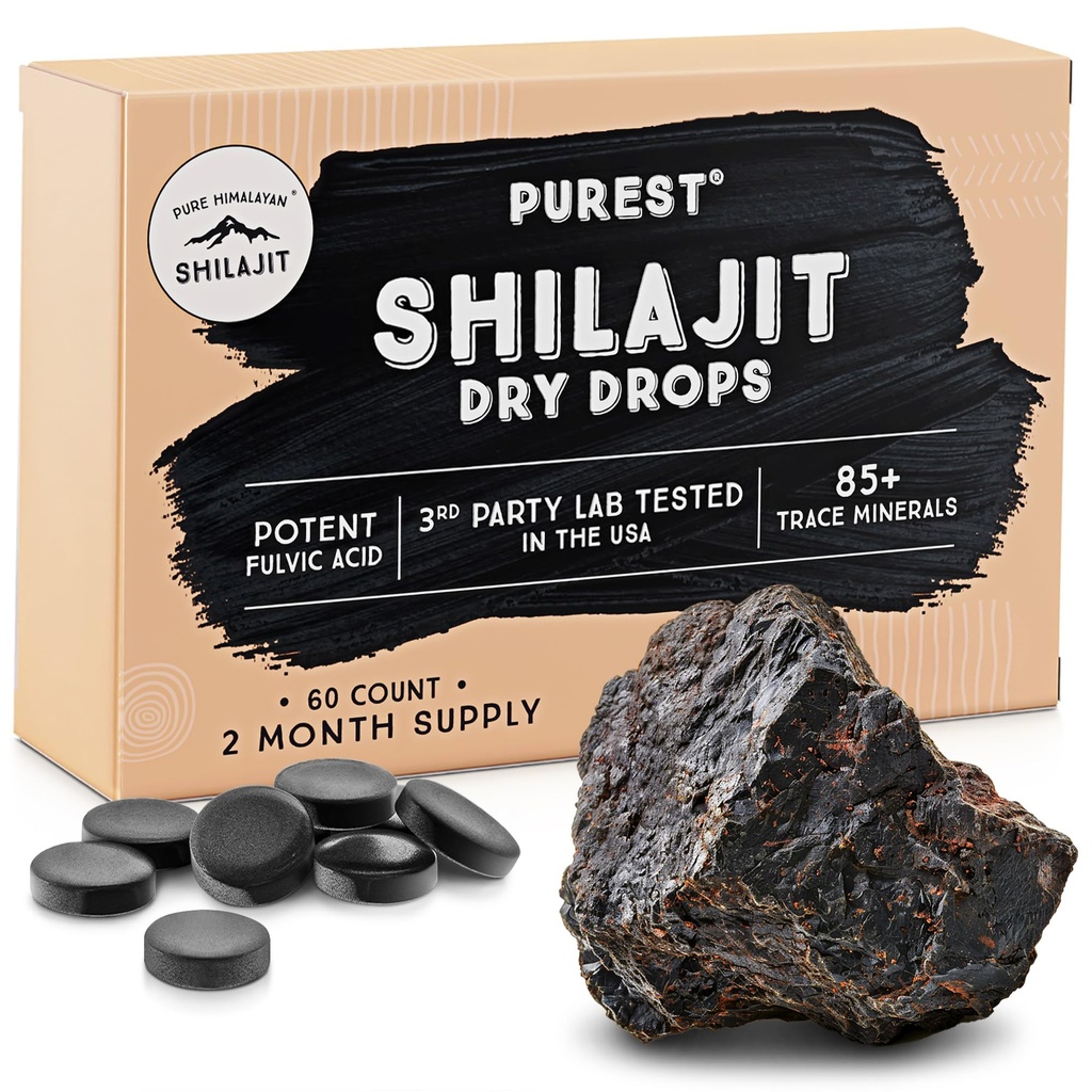 Čisti himalajski shilajit suhe kapljice, 100% čisti naravni shilajit, stopnja A, Max Potency 85+ Čisti sledovi Minerali in fulvična kislina za energijo, Presnova in Imunska podpora dodatek za moške in ženske (60 tablet)