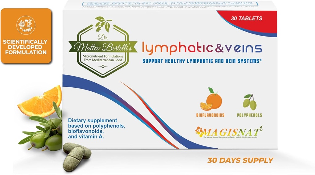 Dr. Matteo Bertelli's – Lymphatic&Veins 30 tablete, Lymphatic Drainage prehranska dopolnila s hidroksitirozolom, vitaminom A, hesperidinom, izvlečkom citrusa, spermidinom, za zdrave vene in limfatike