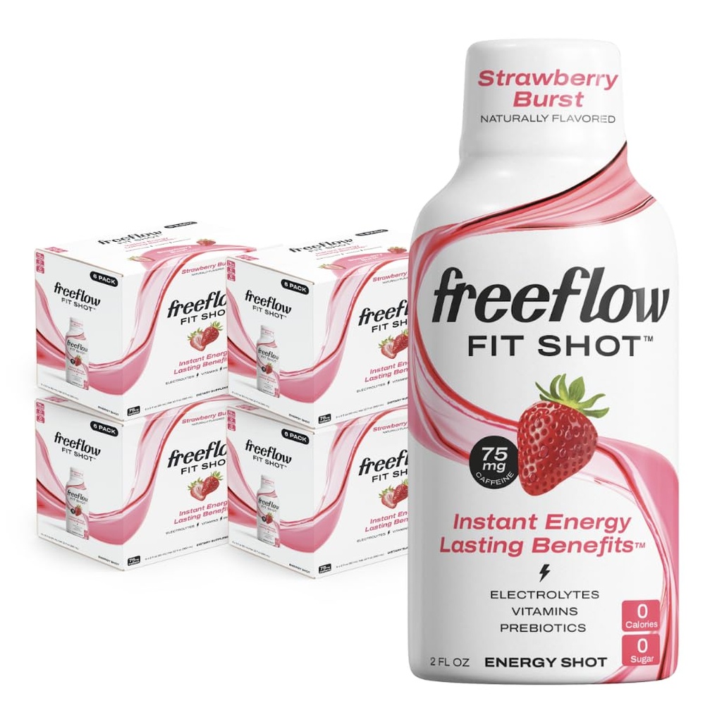 Prosti tok Fit Energy Shots, Jagoda Burst, Naravni kofein Boost z L-teanin, Ginseng, Vitamini, Prebiotiki, Elektroliti (24 Count, 2oz Shots)