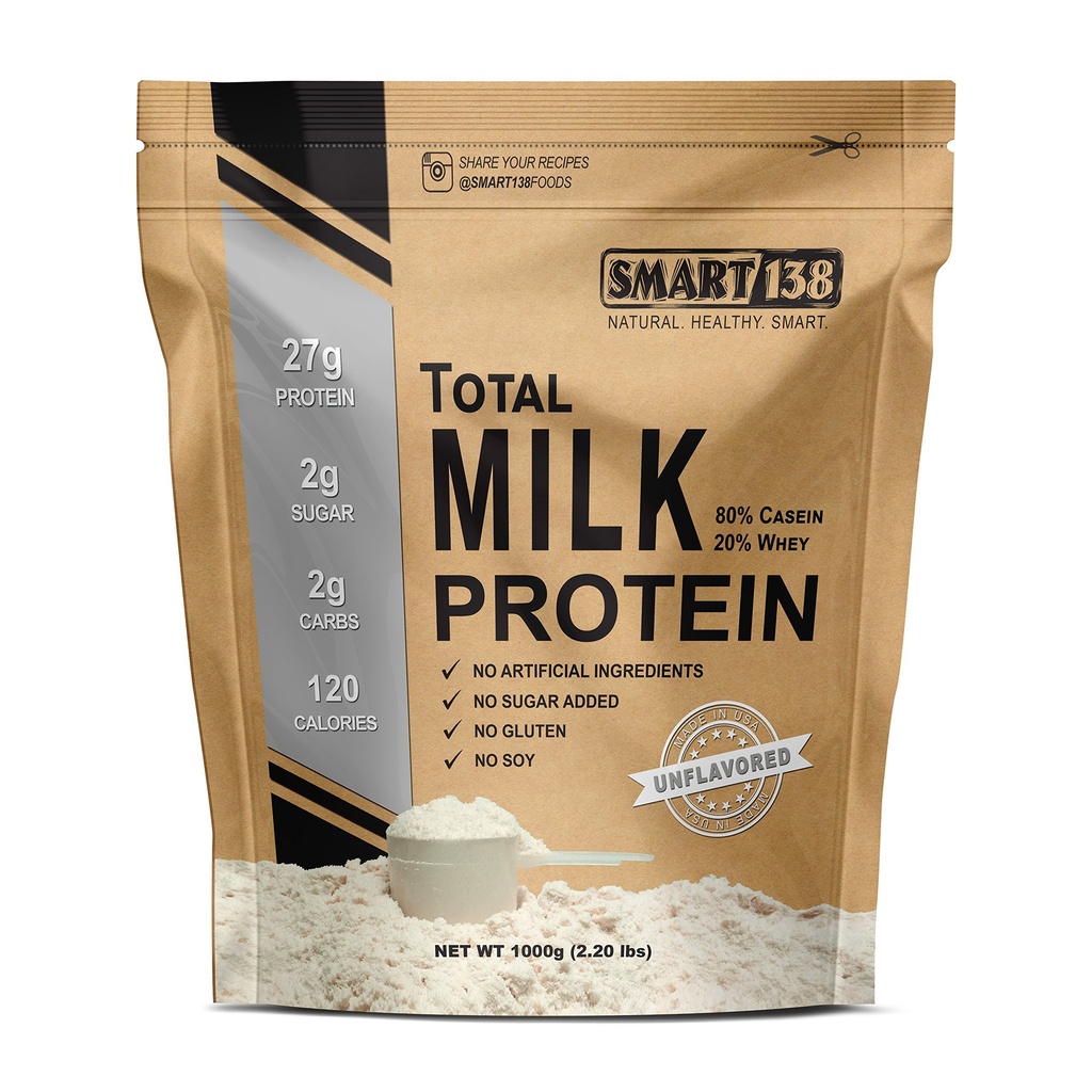 Smart138 skupne mlečne beljakovine - 80% kazein 20% Whey - RBST/rBGH Hormone Free, Gluten-free, Soy-free, Non-GMO, ZDA, Keto Low Carb, Naravni BCAA (1000g / 2.2lbs, Unflavored)